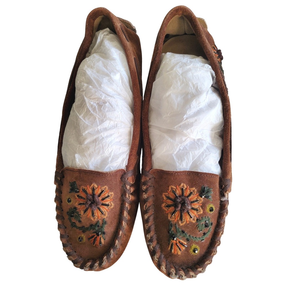 Miu Miu DESIGNER Brown Suede Embroidered Beaded Moccasin Flats Made in Italy 40